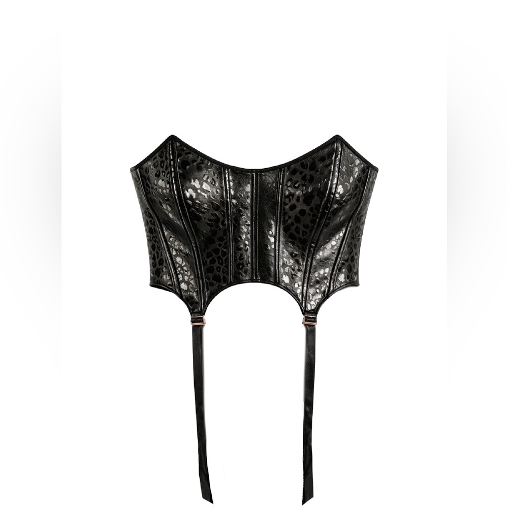 Faux Leather Leopard-Embossed Waist Cincher Corset - Black
